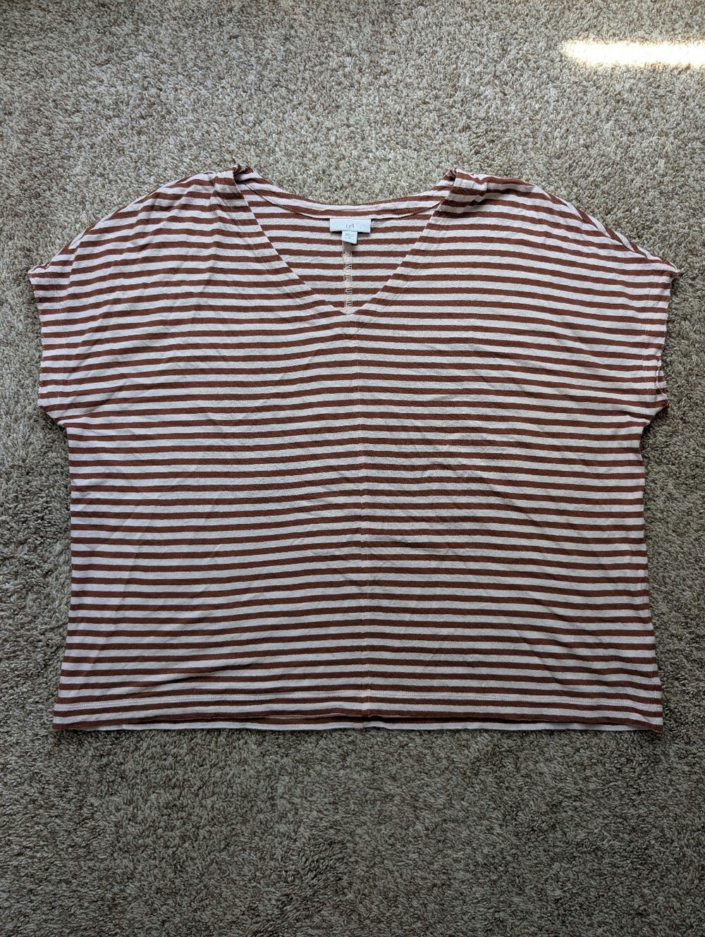 J Jill Striped Boxy V-Neck Relaxed Women’s Top in Rust and Cream Linen Sz XL